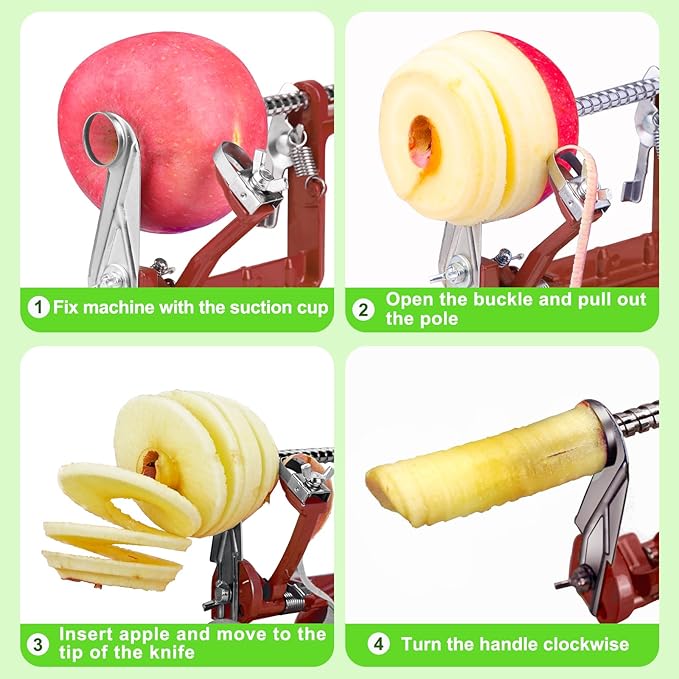 Apple Peeler Corer, Long lasting Chrome Cast Magnesium Alloy Apple Peeler Slicer Corer with Stainless Steel Blades and Powerful Suction Base for Apples and Potato(Deep Red)