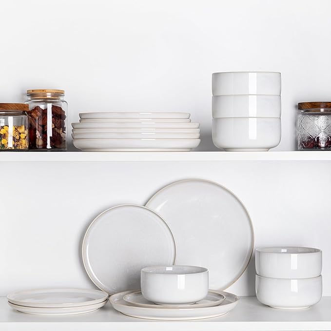 TheTerra Ceramic Dinnerware Sets for 4, 12 Pieces Handmade Reactive Glaze Plates and Bowls Set, Scratch Resistant Dish Set, Oven & Microwave & Dishwasher Safe