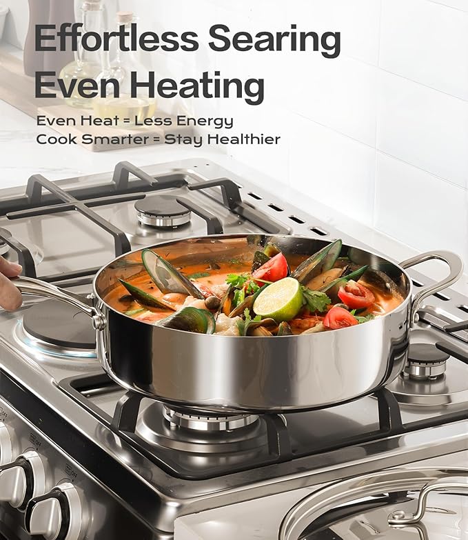 Large Saute Pan with Lid 12 inch Stainless Steel Sauté Pan (5.5 Qt) - 5-Ply Stainless Steel Deep Saute Pans- Oven Safe & Stovetop Agnostic - Non Toxic, PTFE & PFOA Free