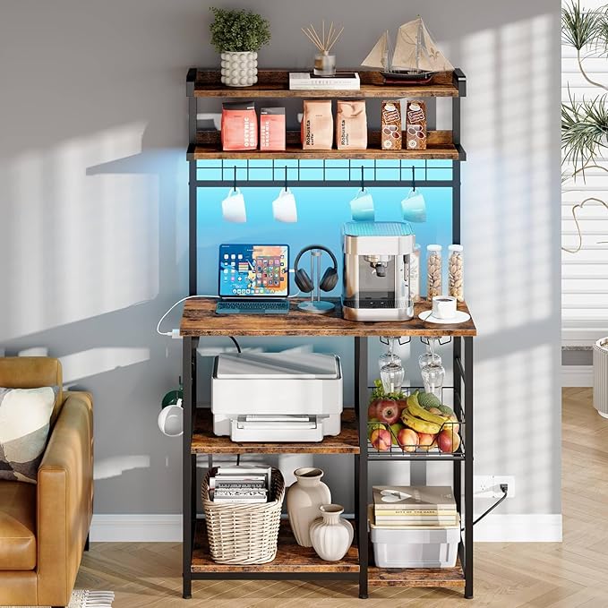 HOOBRO Bakers Rack with Power Outlet, 5 Tiers Coffee Bar with LED Light, Microwave Stand with Wire Basket & Wine Holders, Kitchen Storage Shelf with 6 S-Shaped Hooks, Rustic Brown and Black BF21UDHB01