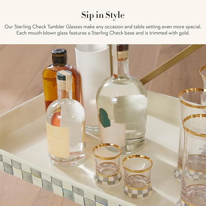 MACKENZIE-CHILDS Tumbler Glasses, Elegant Drinkware, Glasses with Gold Rim, 8 Ounces, Set of 2, Gray-and-White Sterling Check