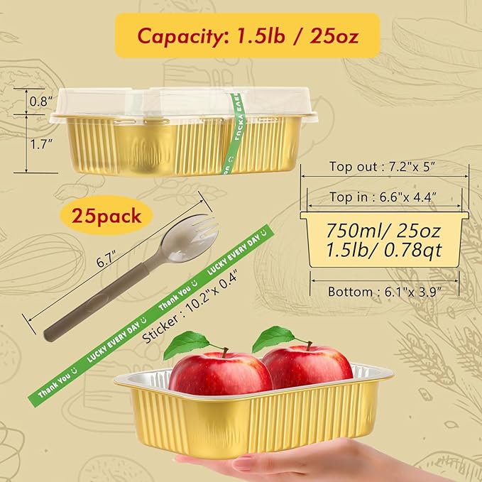LNYZQUS 1.5lb Small Foil Pans with Lids 25 Pack, 7” x 5” Individual Baking Tins Leftover Containers,24oz Aluminum To Go Baked Food Containers Large Loaf Cake Pans Take Out Holders-Gold