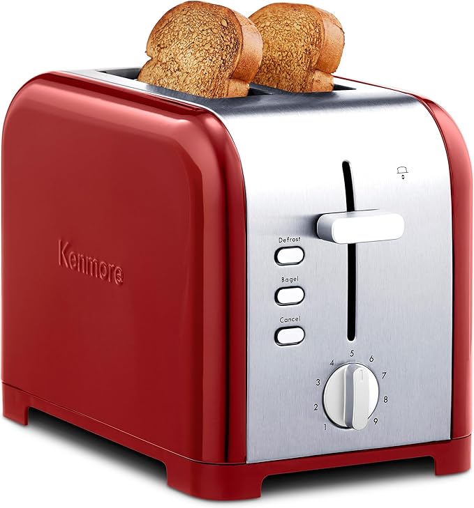Koolatron Kenmore 2-Slice Toaster, Stainless Steel, Red and Silver, with Extra Wide Slots, Self-Adjusting Bread Guides, Defrost, Bagel and Removable Crumb Tray, Small (KKTS2SR AZ)