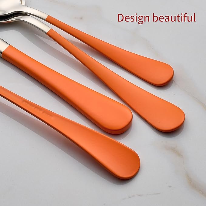20-Piece Orange Silverware Set 18/0 Stainless Steel Flatware Orange Handle Cutlery Set Service for 4 Dinner Knives Forks Spoons Set Mirror Finish Dishwasher Safe