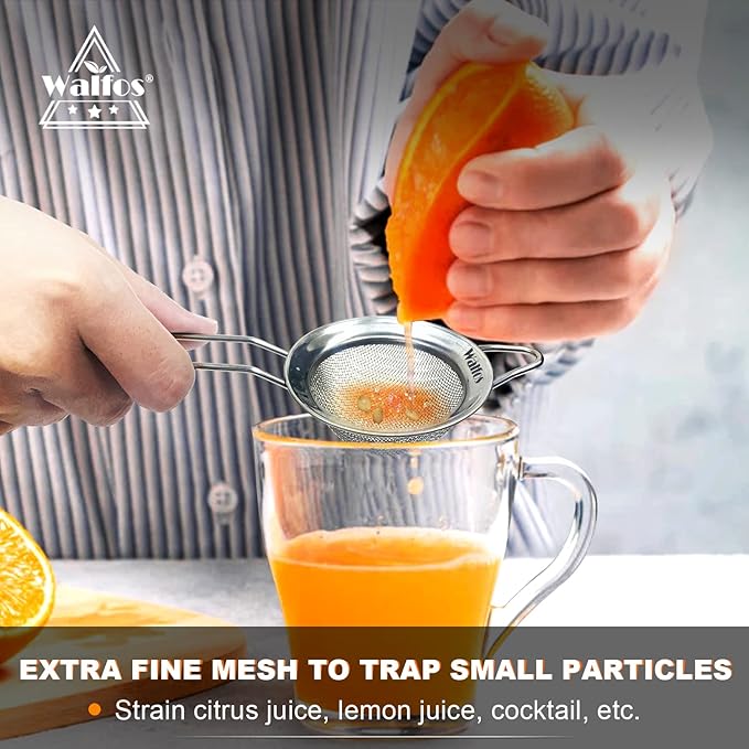 Walfos Small Fine Mesh Tea Strainer, Mini Stainless Steel Sieve with Handle, 2.7 Inch Kitchen Metal Sifter Strainers for Tea, Juicing, Coffee, Cocktail, Powdered Sugar, Matcha (2 Pack)