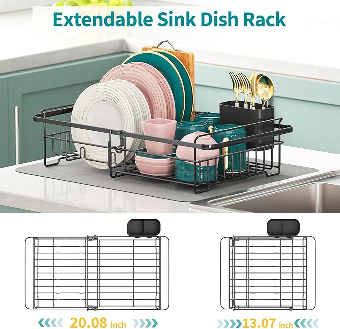 Expandable in Sink Dish Drying Rack - Adjustable Dish Rack in Sink, Rustproof Dish Drainer for Kitchen Counter, Dish Strainer with Utensil Holder, Sink Rack Fit for 13"-18" Kitchen Sink