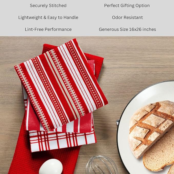 Assorted Kitchen Towels 100% Cotton Large 16x26 Inch Set of 5 - Soft Highly Absorbent Durable Reusable - Perfect for Drying Cleaning Everyday Kitchen Use - Quick Drying Dish Towels Red