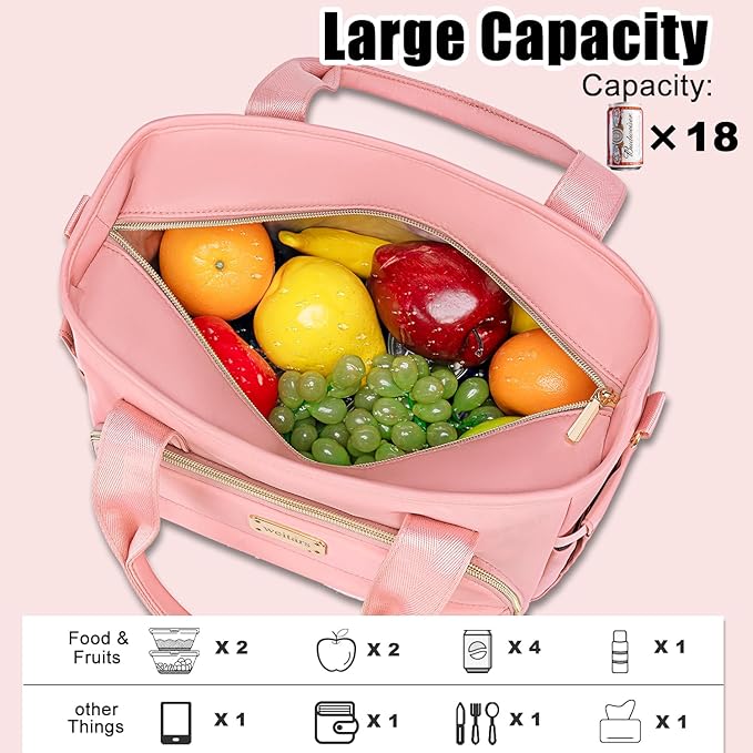 Weitars Insulated Lunch Bag for Women,Leak Proof Lunch Box for Work,Extra Large Lunch Tote Bag With Removable Shoulder Strap with Side Pockets,Reusable Lunch Bag For Picnic Hiking (Pink-02)