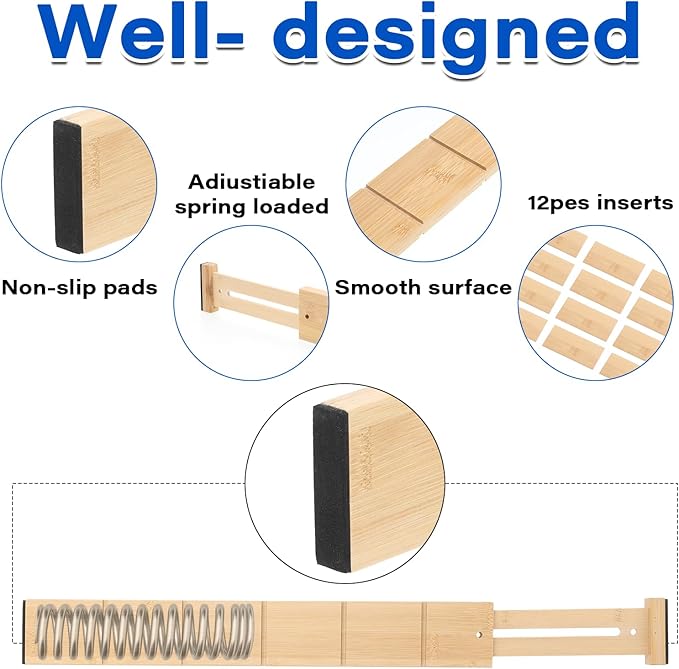 6 Pack Bamboo Drawer Dividers with 12 Inserts Expandable Adjustable 17" to 22" Drawer Organizers Separators for Kitchen, Bedroom, Home, Clothes, Dressers, Office