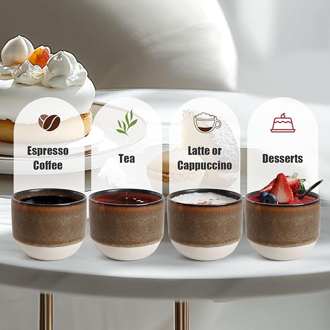 INGOFIN Ceramic Espresso Cup Set - Espresso Cup Set for Coffee and Tea, Espresso Accessories for Espresso Machine, Coffee Mug for Cafe, and Restaurant, Pack of 4, Brown, Microwave & Freezer Safe