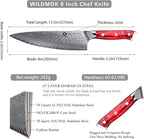 WILDMOK Chef Knife,8 inch Damascus Japanese Chef Knife, professional sharp Damascus kitchen knife,Red Resin Handle Kitchen Cooking chef's knives