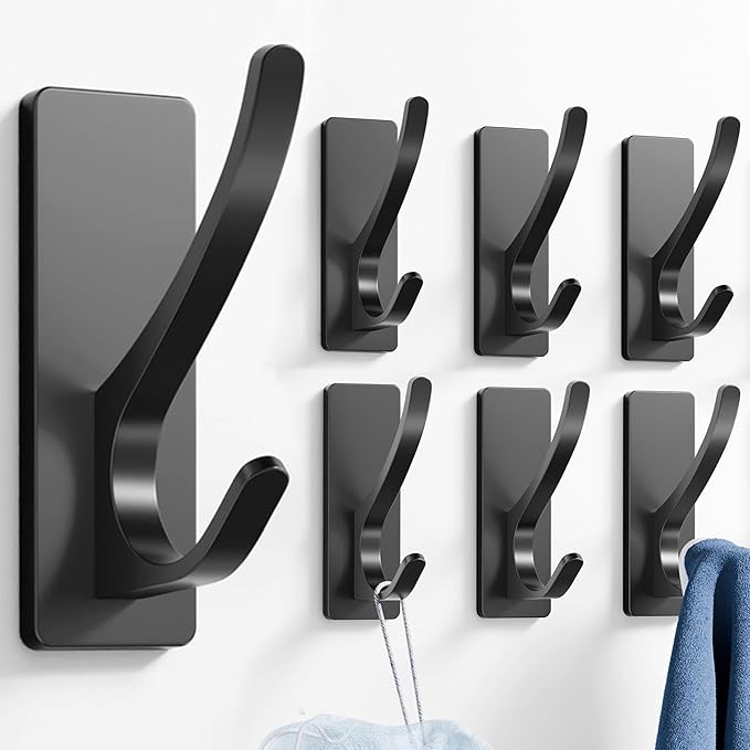 Self Adhesive Coat Hooks for Hanging: Heavy Duty Stainless Wall Hook for Towel, Backpack, Hat, Sturdy Metal Hanger, 6-Pack, Matt Black