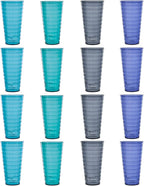 US Acrylic Splash [Set of 16] 18 ounce Plastic Stackable Water Tumblers in 4 Coastal Colors Value Set of Drinking Cups, Reusable, BPA-free, Made in the USA, Top-rack Dishwasher Safe