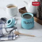 HAOTOP Farmhouse Porcelain Honey Jar with Dipper and Lid Set 12oz,Easy to Clean (Turquoise)