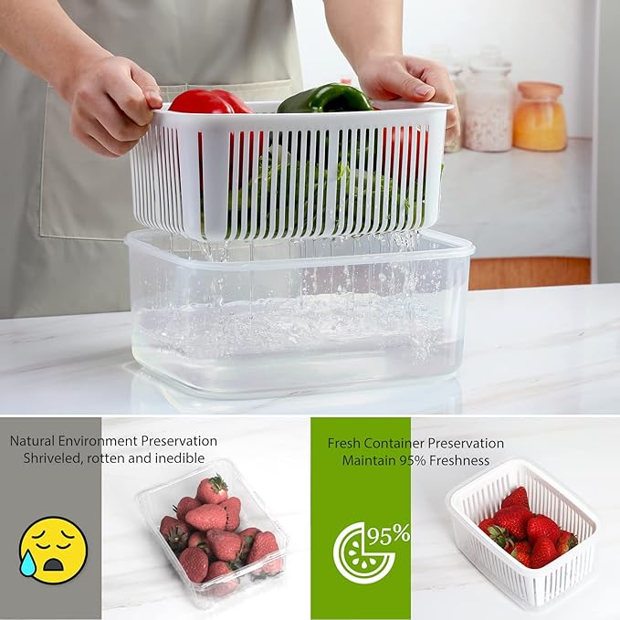 LUXEAR Fruit Vegetable Produce Storage Saver Containers with Lid & Colander 4 Packs BPA-Free Plastic Fresh Keeper Set | Refrigerator Fridge Organizer | for Salad Berry Lettuce Food Meat Fish Celery