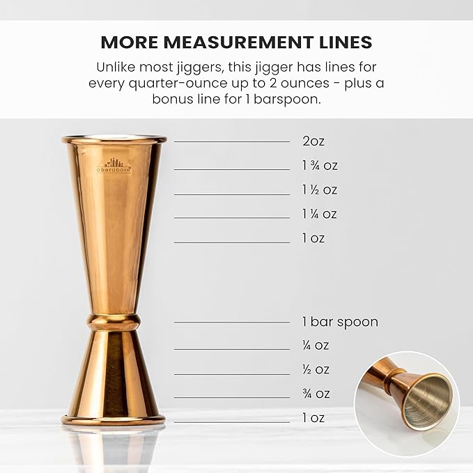 A Bar Above Premium Japanese Jigger 8 Precise Measurement Markings, Heavy Duty 304 Stainless Steel Double Cocktail Jigger for Professional Bartenders & Home Use, Durable Bar Tool, 2 pack