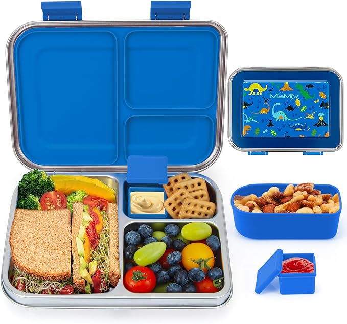 MaMix Stainless Steel Kids Lunch Box, 3 Compartments Leak-Proof Bento Box for Kids for Sandwich, Lunch Containers Freezer Safe (Blue)