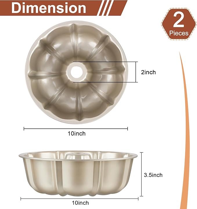 Homikit Nonstick Cake Pan Set of 2, Heavy Duty Carbon Steel Fluted Tube Round Pans 10 Inch 10 Cups for Baking Pound Cakes, Jello, Brownie, Monkey Pumpkin Bread, Oven Safe & Easy Release, Gold