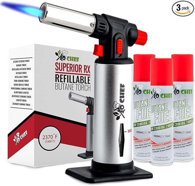 Jo Chef Kitchen Torch With Butane included, Refillable Butane Torch, Creme Brulee Torch, Blow Torch Lighter gun With Safety Lock & Adjustable Flame, 3 Cans (3.38oz) Included