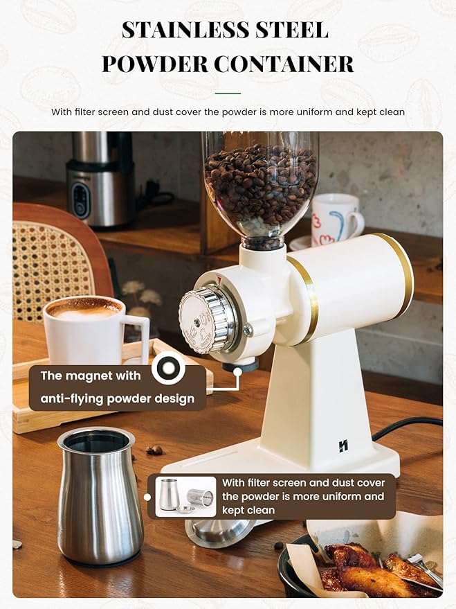 Huanyu Electric Coffee Bean Grinder 250G Commercial&Home Milling Grinding Machine 200W Automatic Burr Grinder Professional Miller 8 Fine - Coarse Grind Size Settings (White)