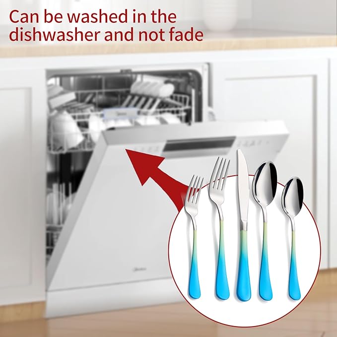 Colorful Silverware Set 20 Piece 18/0 Stainless Steel Flatware Blue and Yellow Handle Cutlery Set Service for 4 Fork Knife Spoon Set Mirror Finish Dishwasher Safe