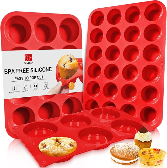 Walfos Silicone Muffin Pan Set of 3, Including Regular 12 Cups Muffin Pans, 24 Cups Mini Muffin Pan & 6 Cups Muffin Top Pan, Non-Stick Cupcake Pan, Easy to Pop Out & Dishwasher Safe