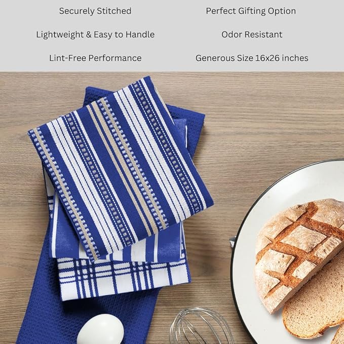 Assorted Kitchen Towels Large 16x26 Inch 100% Cotton Set of 5 - Dish Cloths Towels with Hanging Loop - Soft Absorbent Washable Tea Towels for Kitchen - Quick Drying Dish Towels Navy Blue