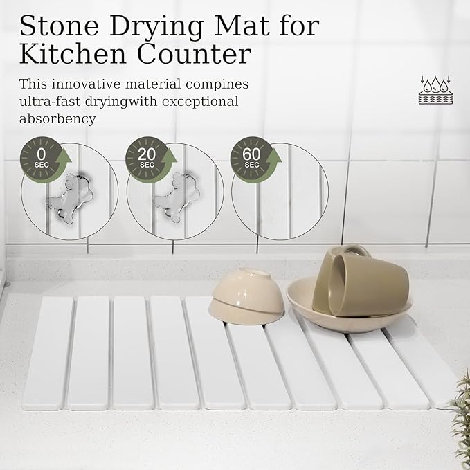 Hopegiver Stone Drying Mat for Kitchen Counter, 23.62"x15.35" Collapsible Quick Dry Dish Drying Mat, Super Absorbent Diatomaceous Earth Mat for Dishes Bottles Cups Bathroom, White with Sanding Block