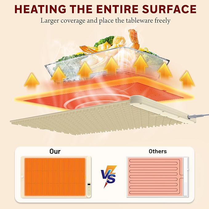 Food Warming Mat WochiTV Electric Warming Tray with 6 Level Temperature Control and 6 Hours Timer Extra Large Food Warmer Perfect for Parties Gatherings Buffet (Beige)