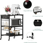 ETELI Bakers Rack with Power Outlet Black Coffee Station Cart Table on Wheels Microwave Stand Table with Storage Shelf for Kitchen Living Room Bedroom