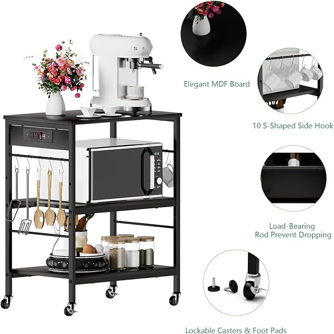 ETELI Bakers Rack with Power Outlet Black Coffee Station Cart Table on Wheels Microwave Stand Table with Storage Shelf for Kitchen Living Room Bedroom