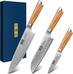Damascus Kitchen Knife Set 3-Piece, Ultra Sharp 8" Chef Knife, 7" Santoku Knife, 3.75" Paring Knife, Professional VG-10 Damascus Super Steel Chef Knife Set with Ergonomic Handle