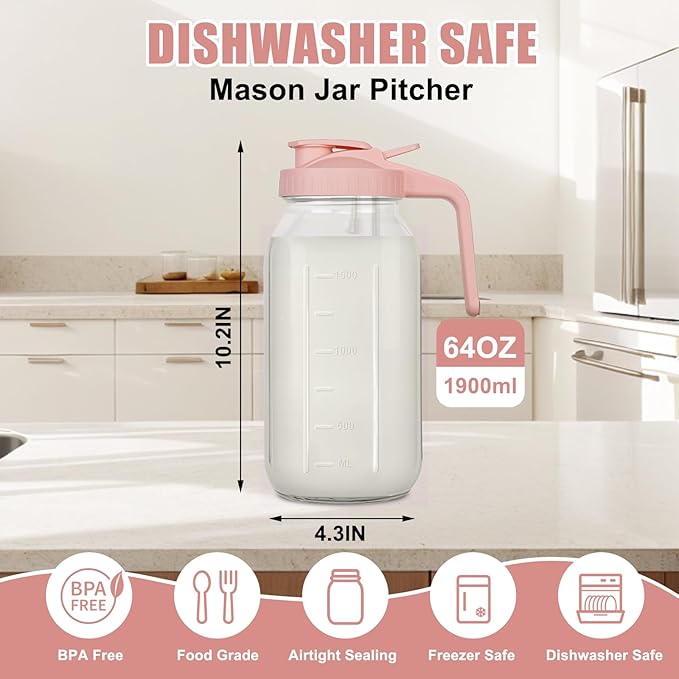 64 oz Glass Pitcher with Lid - 2 Quart Mason Jar Pitcher with Lid, Wide Mouth Airtight & Leakproof Glass Jar for Iced Tea, Juice, Breastmilk, Cold Brew, Sun Tea and Drinks