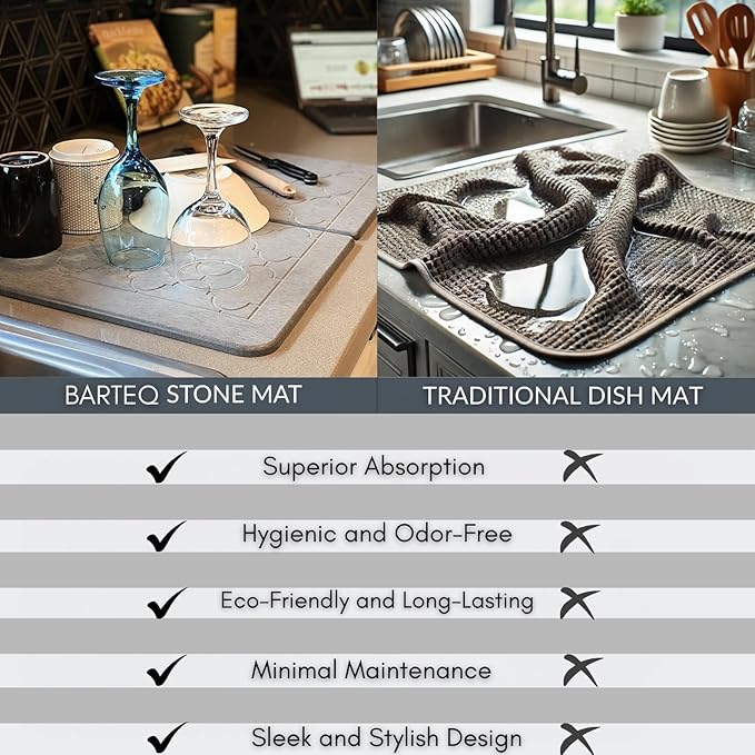 BARTEQ Stone Dish Drying Mat Large - 23.6” X 15.4" Foldable Diatomaceous Stone Drying Mat for Kitchen Counter | Fast Absorbtion | Non-Slip Quick Drying Stone Mat | Moroccan Trellis Grey