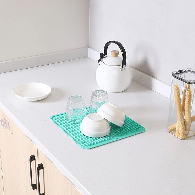 Silicone Dish Drying Mat for Multiple Usage,Easy clean,Eco-friendly,Heat-resistant Silicone Mat for Kitchen Counter or Sink,Refrigerator or Drawer liner Mint M 12 inches x 12 inches