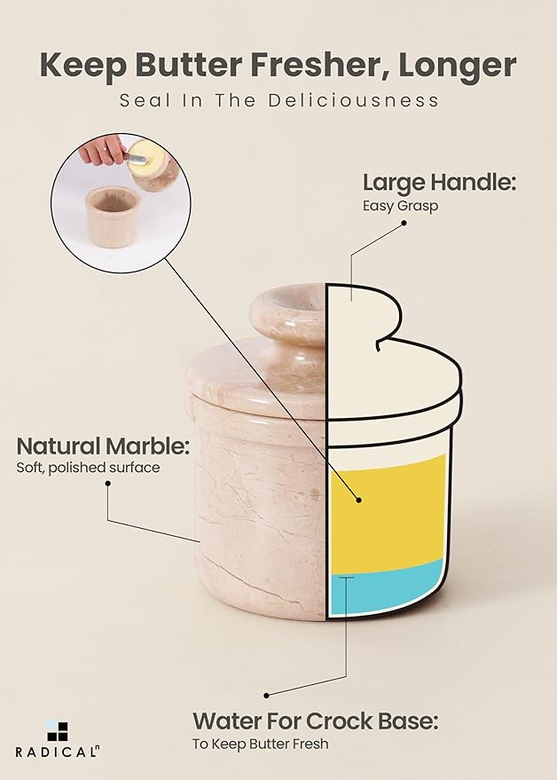 Radicaln Marble Butter Keeper 4.25" Inches Verona Handmade Butter Holder For Kitchen Counter Decor Butter Dish Butter Crock & French Butter Holder Ideal Butter Keeper For Spreable Butter