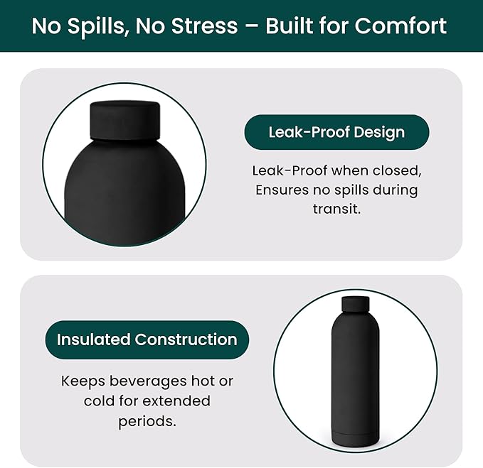 NOBL Stainless Steel Water Bottle,17 oz, 500 ml, Double Wall Vacuum Insulation, Sealed Bottle Keeps Drinks Cold 24 Hrs & Hot 12 Hrs, Leak Proof, Fits Noble Carry-On Cup Holder - Black