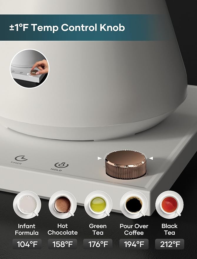 Electric Kettle, Gooseneck Electric Kettle, ±1℉ Precise Temperature Control, Stainless Steel Interior, Quick Heating for Pour Over Coffee, Tea & Boiling Water, 0.9L (White)