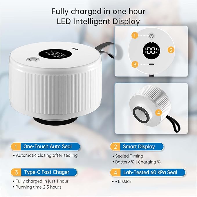 Electric Mason Jar Vacuum Sealer Kit, 3-in-1 Handheld Automatic Vacuum Sealer for Mason Jars, Food Savers & Containers | Ideal for Canning Jams, Pickles, Dry Foods, Grains | Present for Mom, White