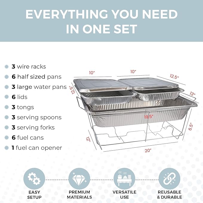Large Full Size 33-Pcs Disposable Chaffing Buffet with-Covers, Utensils, Fuel Cans – Premium Chafing Dish Set for Events, Parties, Catering