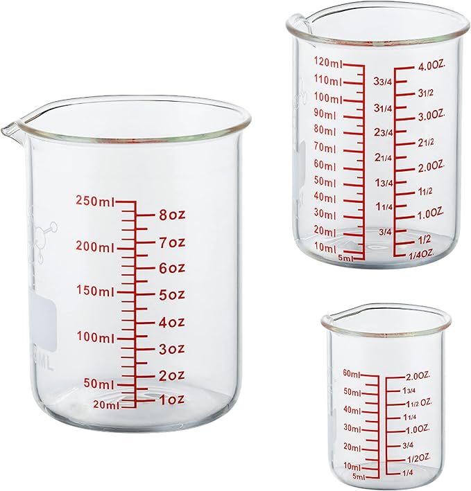Ackers Mini Glass Measuring Beaker Set, Borosilicate, 2oz 4oz 8oz Measuring Cups