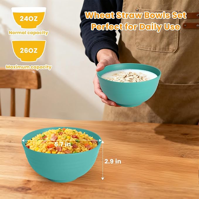 Homienly Wheat Straw Bowls, Cereal Bowls, Plastic Bowl Alternative, Set of 8, Unbreakable Microwave Safe Bowls for Soup, Salad, Dinner, Cereal, Snack, Dishwasher Safe for Kitchen, Party (Green, 26 OZ)