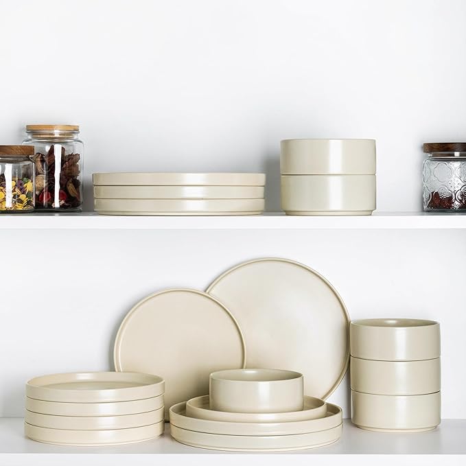 TheTerra Ceramic Dinnerware Sets for 8, 24 Pieces Handmade Reactive Glaze Plates and Bowls Set, Scratch Resistant Dish Set, Oven & Microwave & Dishwasher Safe, Matte White