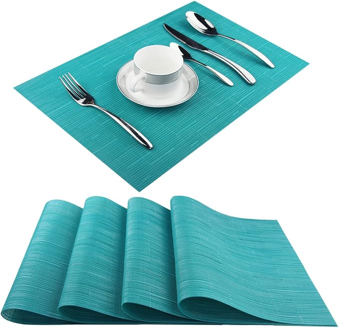 PIGCHCY Placemats,Durable Heat Resistant Placemats for Dining Table,Washable Woven Vinyl Kitchen Placemats Set of 4 (18 x 12 inches, Turquoise)