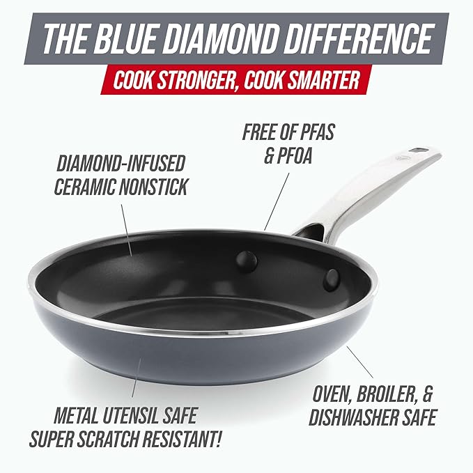 Blue Diamond 8" Nonstick Frying Pan Skillet, Diamond Infused PFAS & PTFE-Free Ceramic Pot, Dishwasher & Oven Safe, Stay Cool Handle, Durable Non Toxic Metal Utensil Safe, Egg & Omelet Pan, Gray