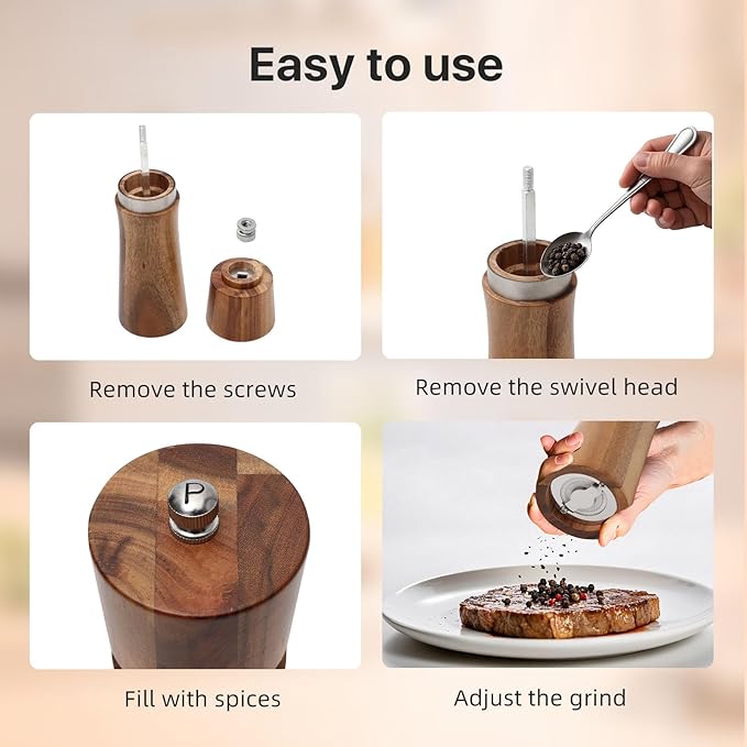 2 Pack Wood Salt and Pepper Grinder Set, Manual Mill, Kitchen Grinder Set, Refillable Salt & Pepper Mills Adjust for Customized Coarseness, 8 Inch Each