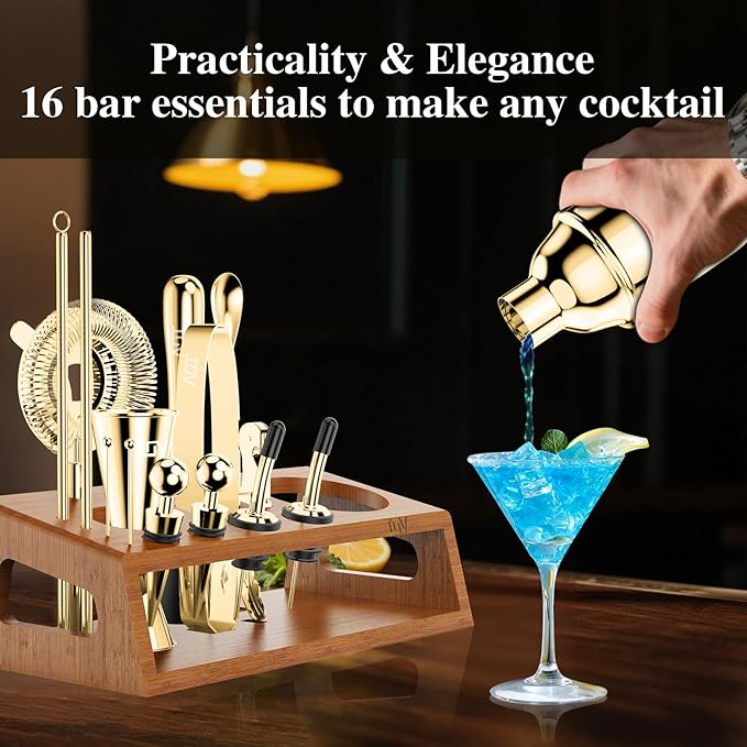 IOV Cocktail Shaker Set Bartender Kit with Stand | Bar Set Drink Mixer Set Includes Martini Shaker, Jigger, Strainer, Mixing Spoon, Muddler, Recipe Book | Home Bar Accessories Gift Set (Gold)