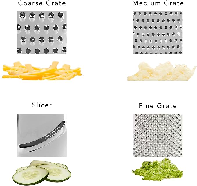 KitchenAid Gourmet 4-Sided Stainless Steel Box Grater for Fine, Medium and Coarse Grate, and Slicing, Detachable 3 Cup Storage Container and Measurment Markings, Dishwasher Safe, 10 inches tall, Aqua