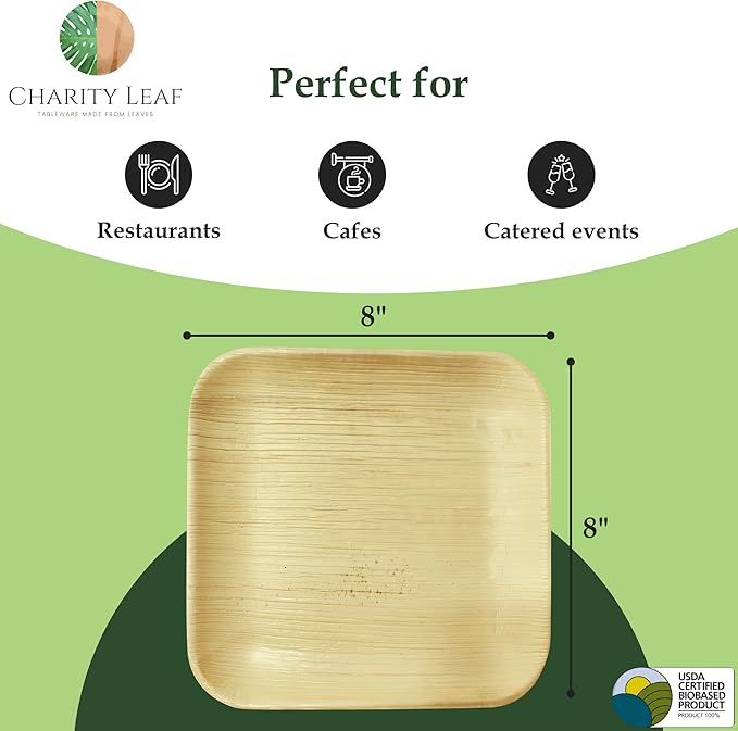 8" Square Palm Leaf Plates (50-pack) | Eco-friendly, Heavy Duty | For Parties, Weddings, BBQs & Catering