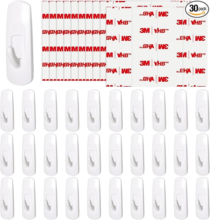 30 Medium Hooks for Hanging, 34 Adhesive Wall Strips no Damage Heavy Duty, Sticky Utility for Door，Key，Bathroom Towel，Coat